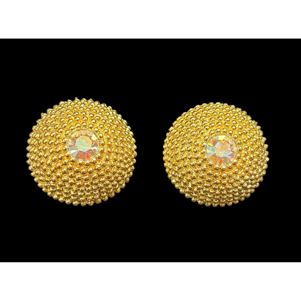 Vintage Avon 1970s Gold Tone Beaded Dome Aurora Borealis Rhinestone Earrings